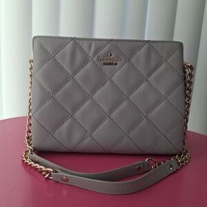 Kate Spade Emerson Place Quilted Bag Grey Leather Gold Chain Purse Double Handle